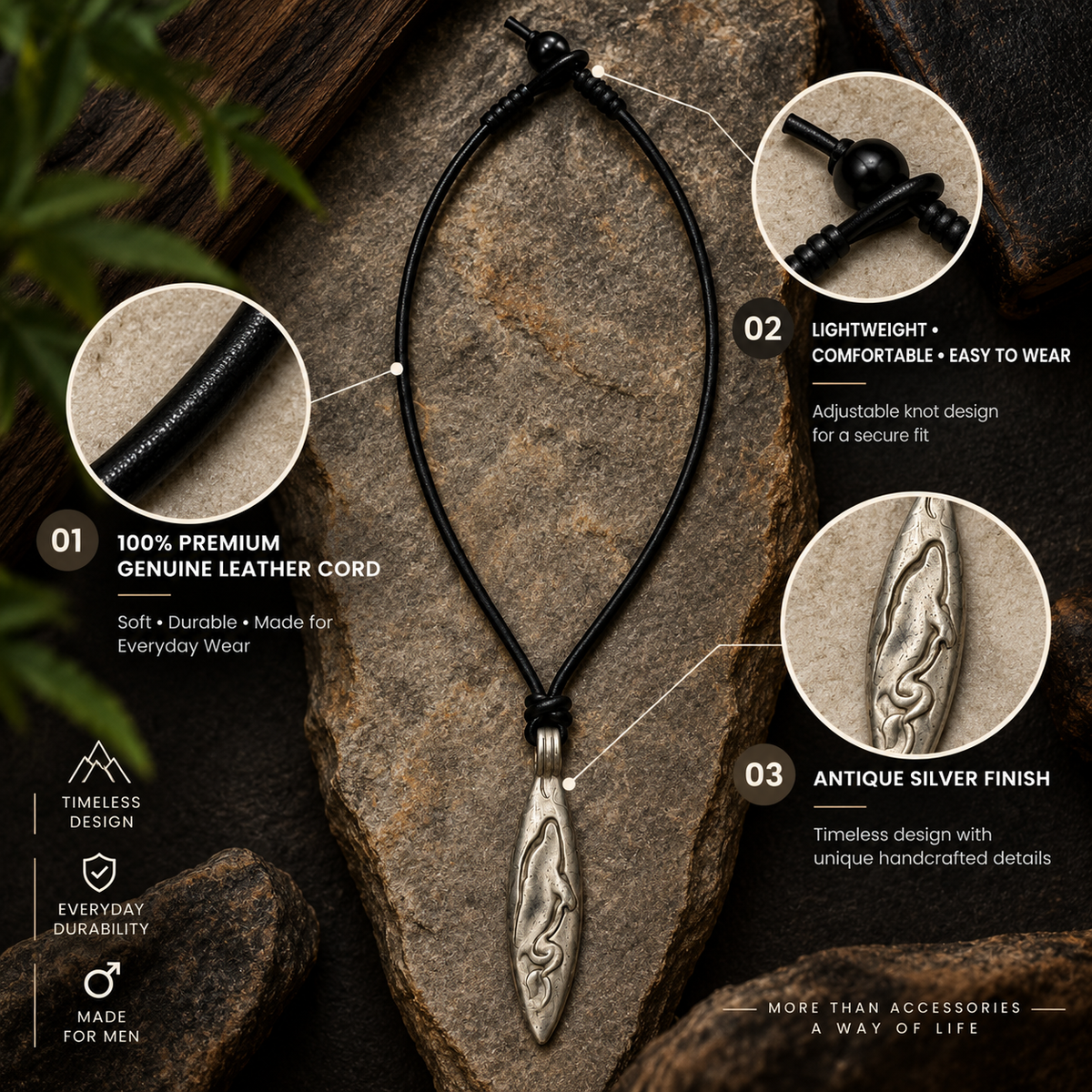 Engraved Dolphin Pendant Leather Necklace for Men