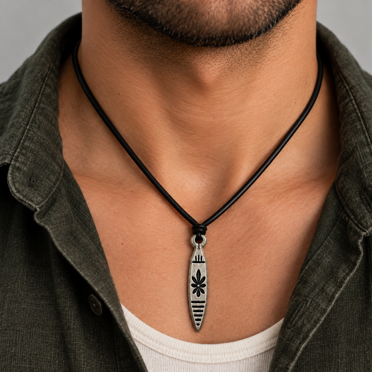 Engraved Long Pendant Leather Necklace for Men