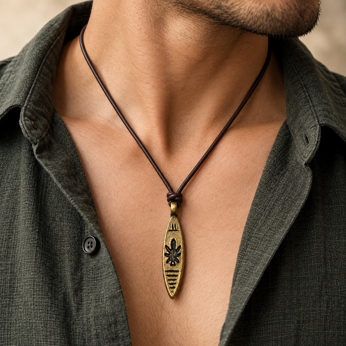 Engraved Long Pendant Leather Necklace for Men