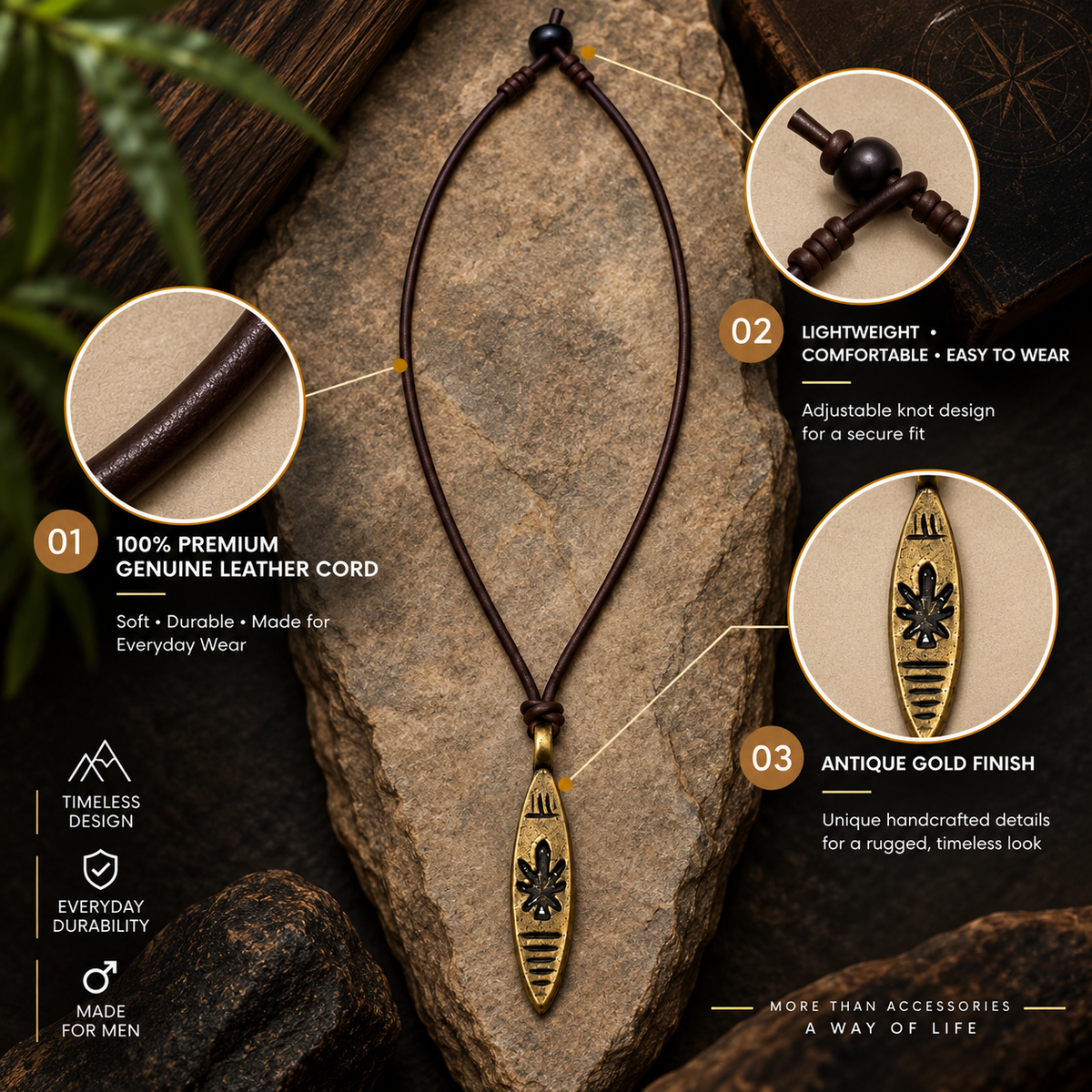Engraved Long Pendant Leather Necklace for Men