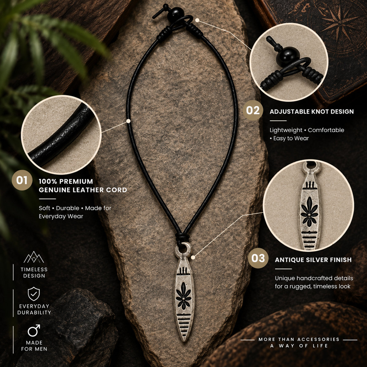 Engraved Long Pendant Leather Necklace for Men