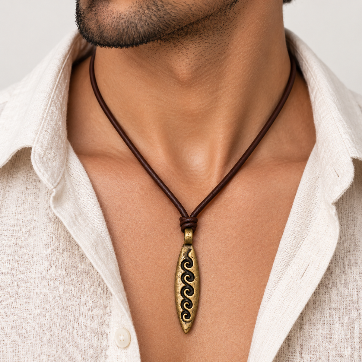 Engraved Wave Leather Necklace for Men