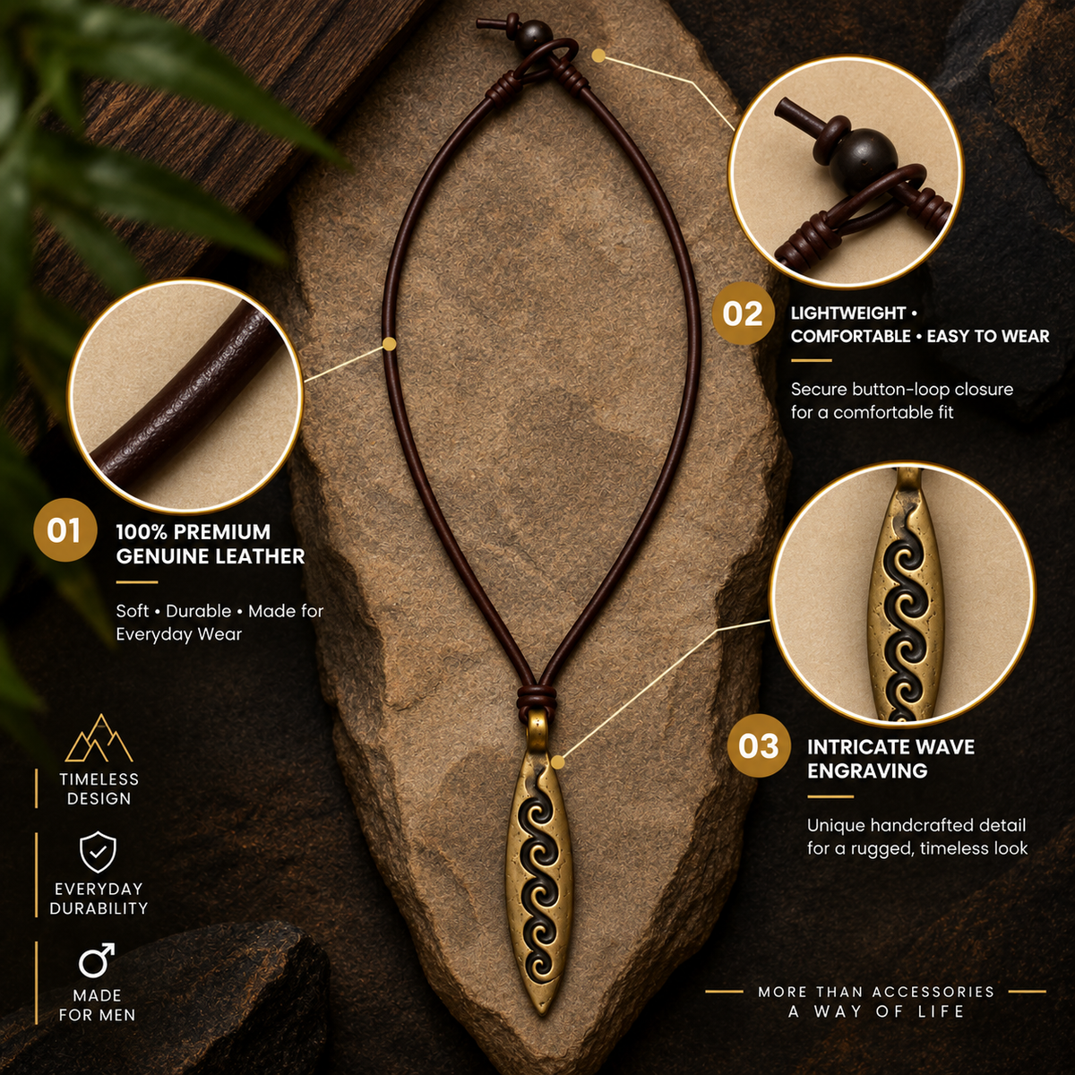 Engraved Wave Leather Necklace for Men
