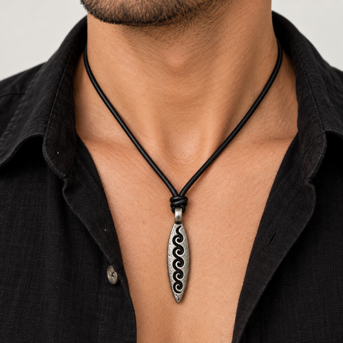 Engraved Wave Leather Necklace for Men