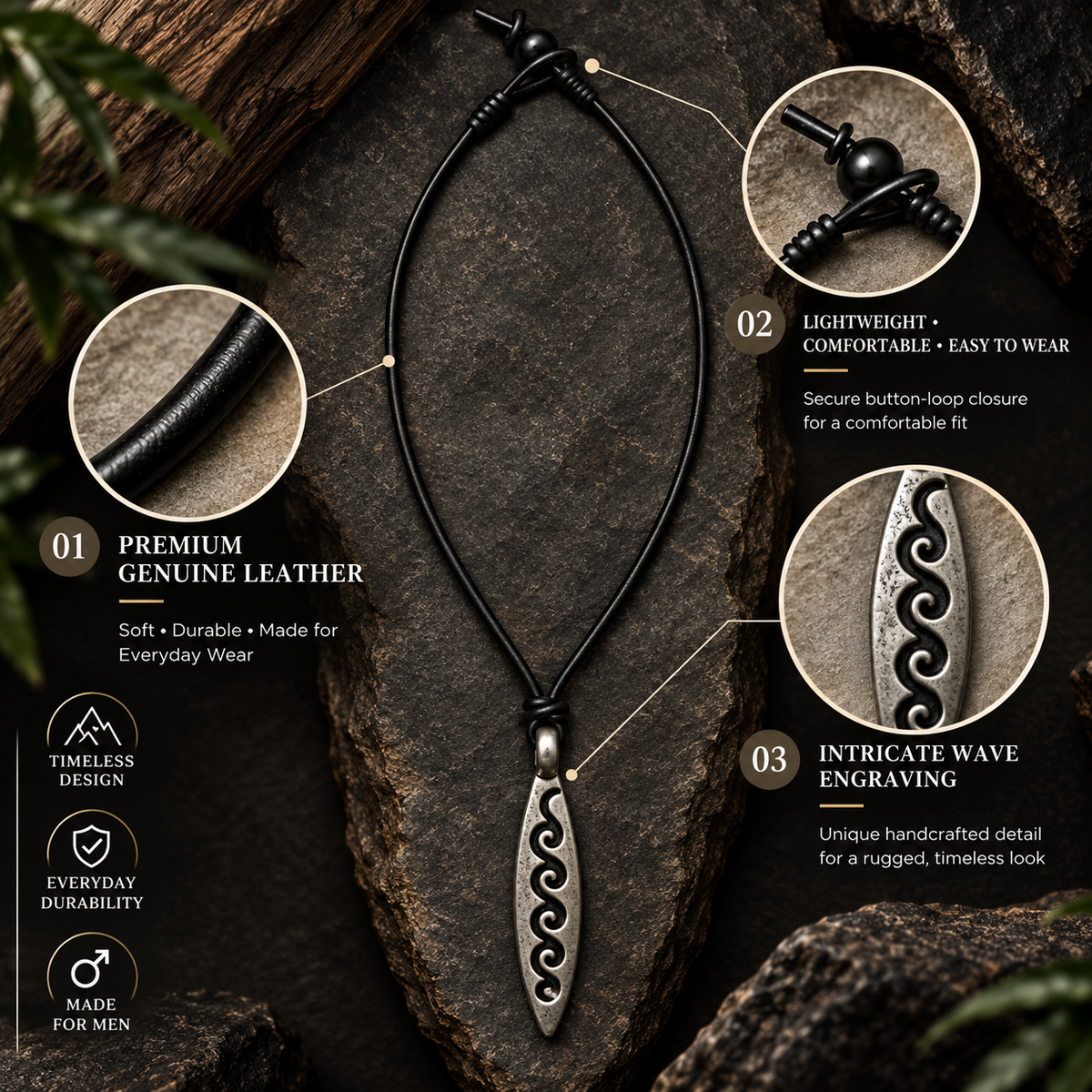 Engraved Wave Leather Necklace for Men
