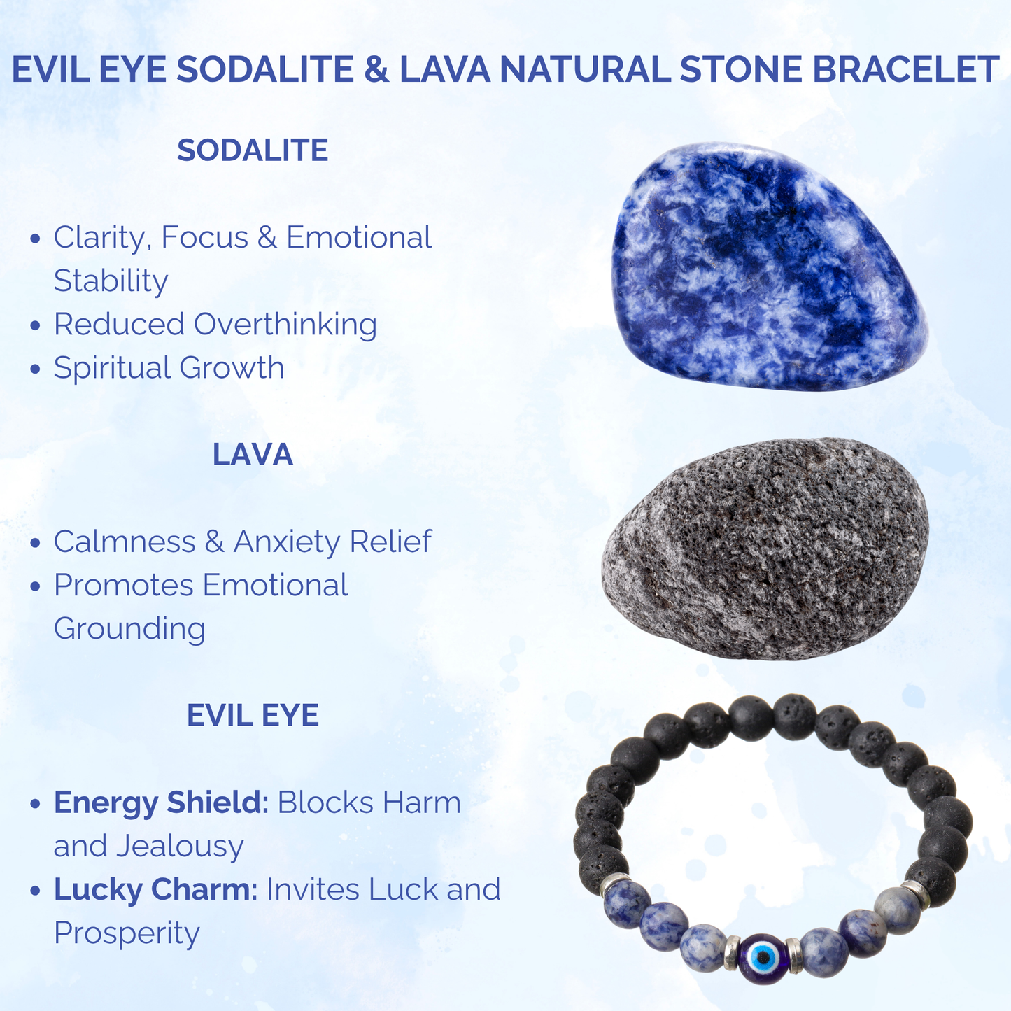 Evil Eye Sodalite & Lava Natural Stone Bracelet