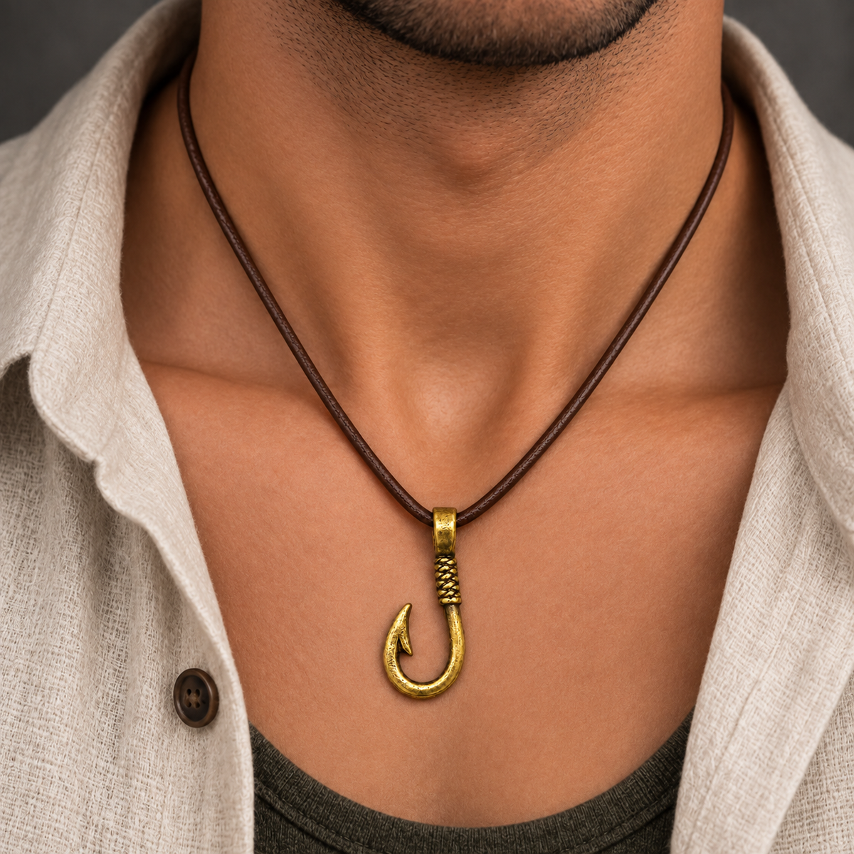 Fish Hook Pendant Leather Necklace for Men