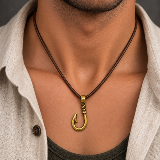 Fish Hook Pendant Leather Necklace for Men
