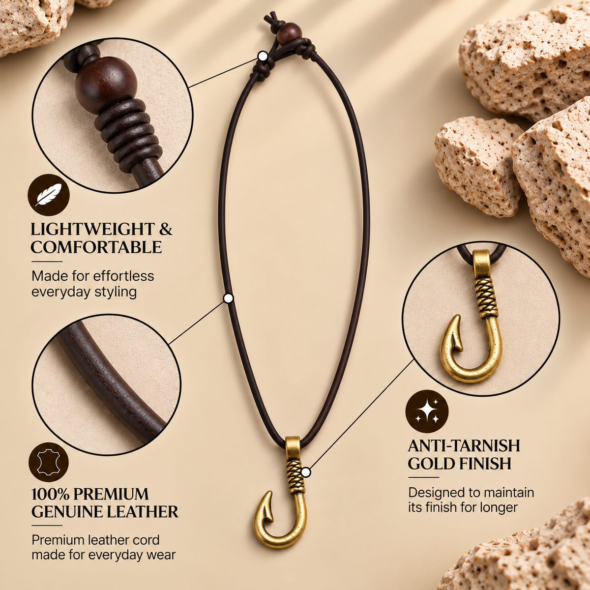 Fish Hook Pendant Leather Necklace for Men