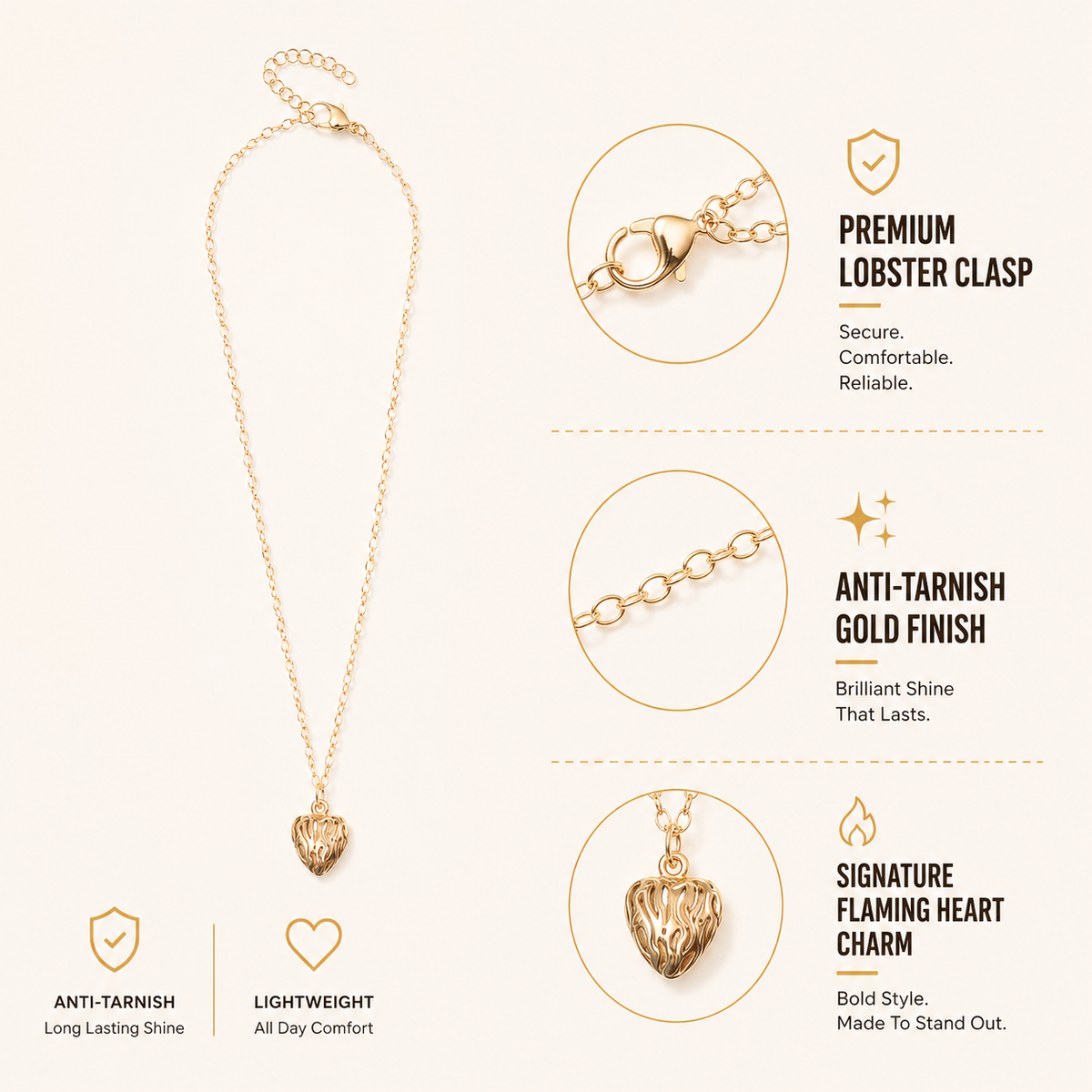 Flaming Heart Gold Pendant Choker Necklace