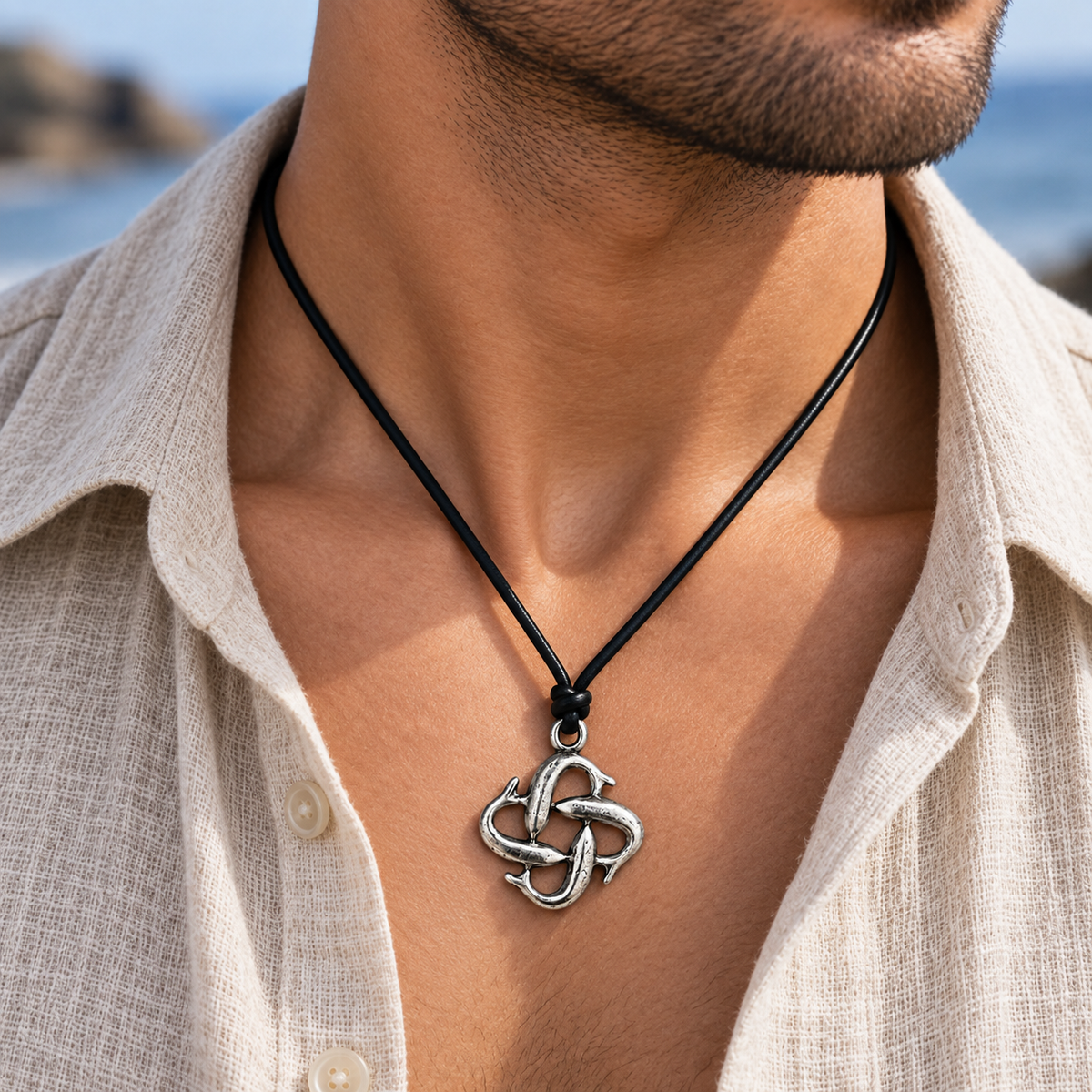 Four Dolphins Leather Necklace for Men