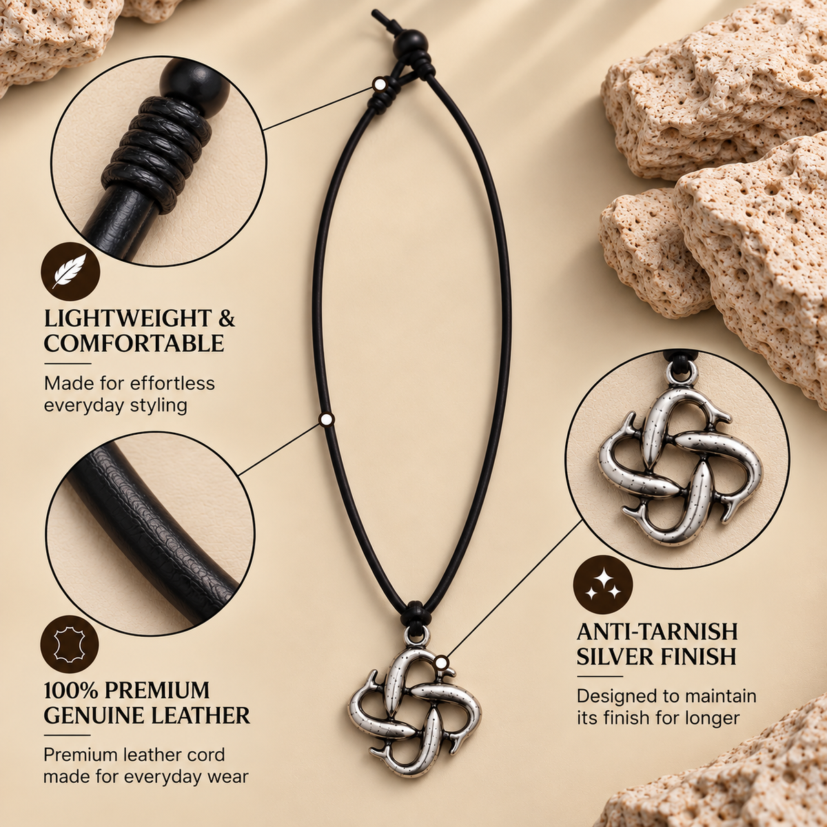 Four Dolphins Leather Necklace for Men