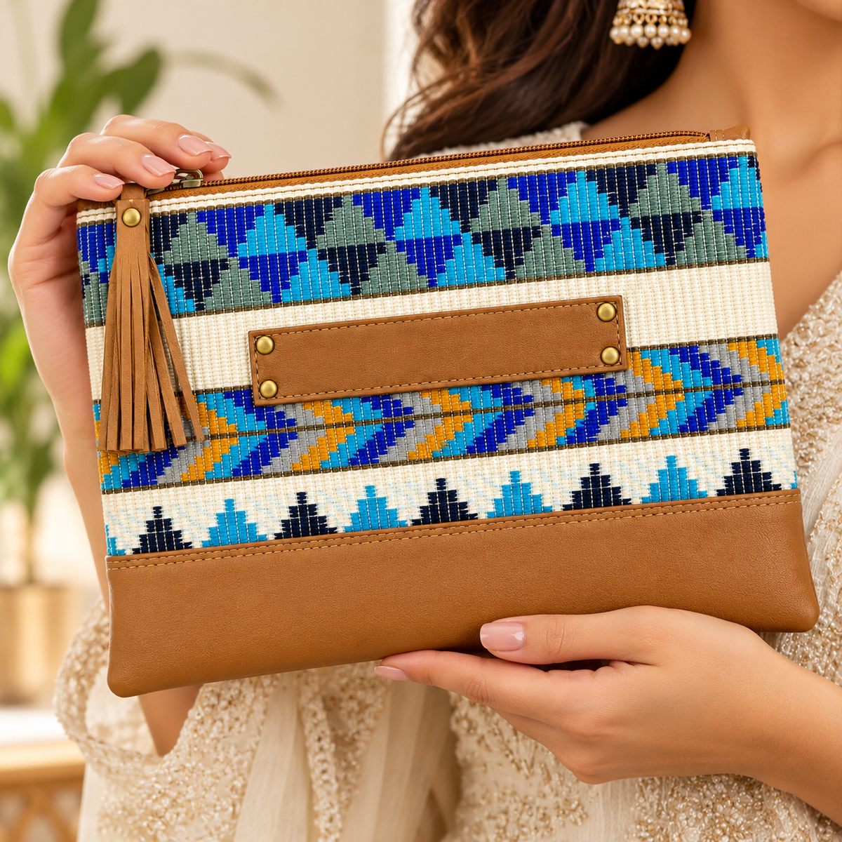 Geometric Woven Clutch Bag with Leather Tassel for Women