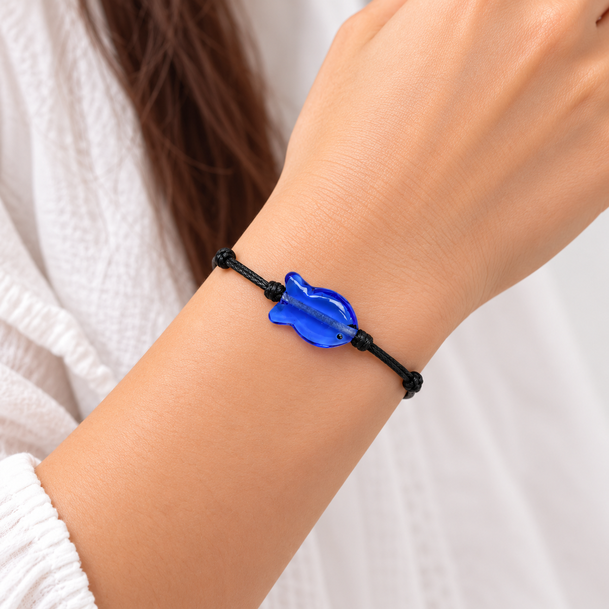 Glass Fish Charm Cord Bracelet for Women