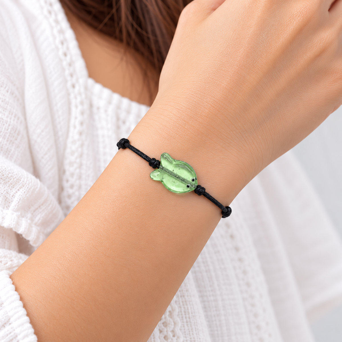 Glass Fish Charm Cord Bracelet for Women