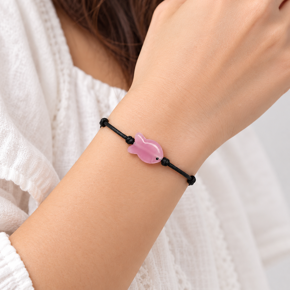 Glass Fish Charm Cord Bracelet for Women