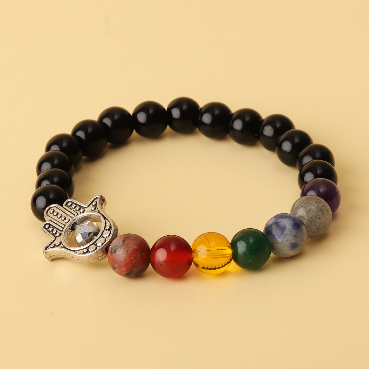 Gloss Onyx 7 Chakra Hamsa Natural Stone Bracelet