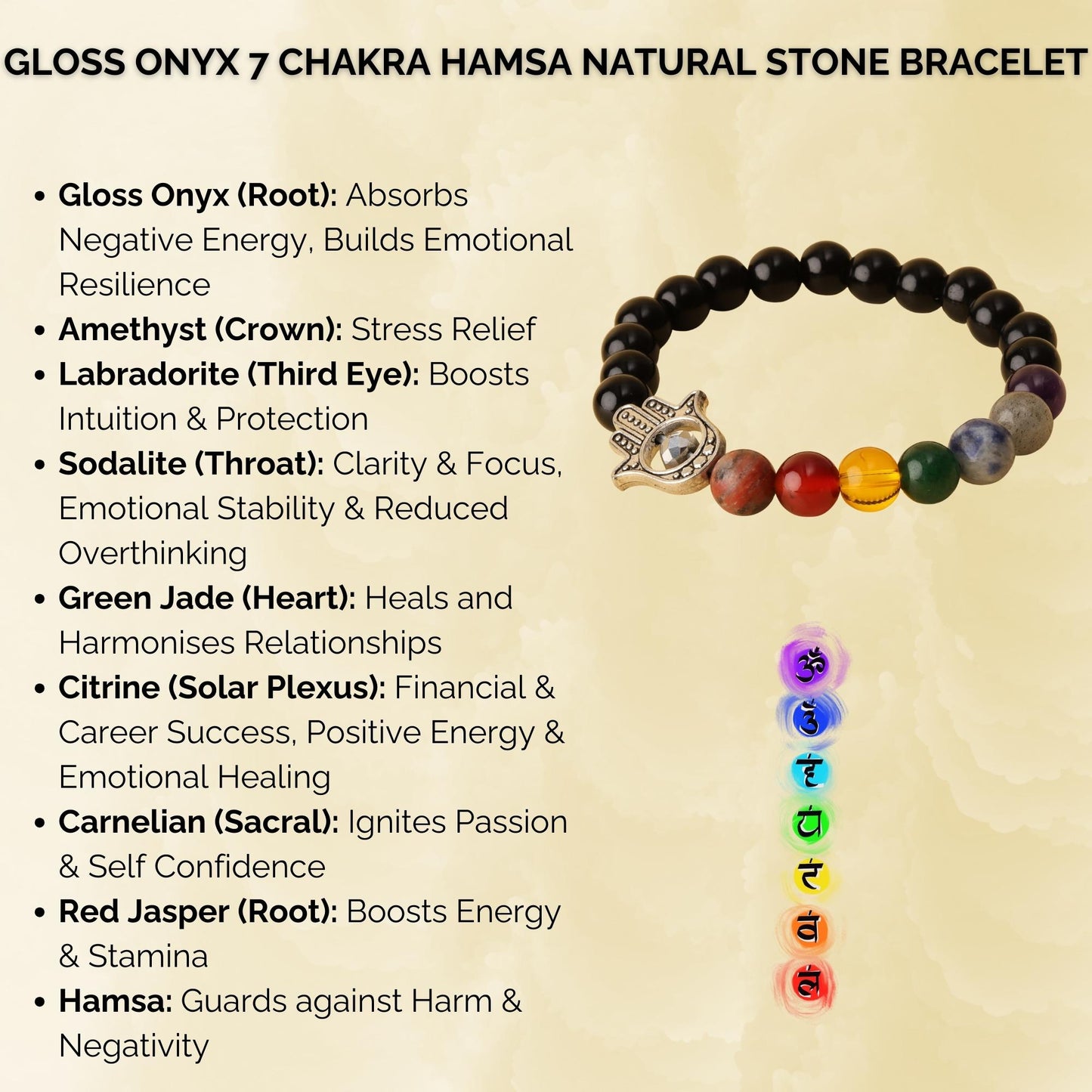 Gloss Onyx 7 Chakra Hamsa Natural Stone Bracelet