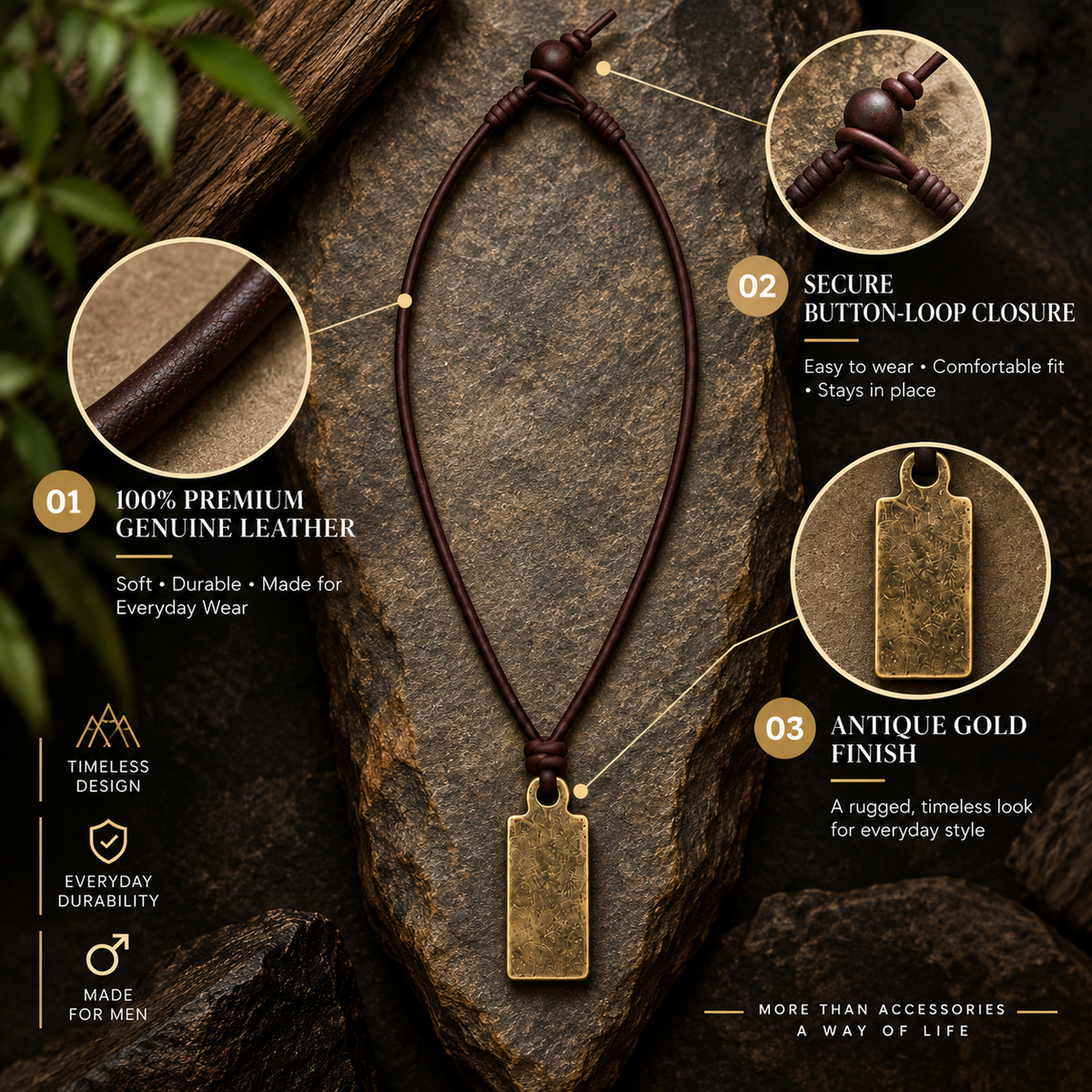 Gold Dog Tag Leather Necklace for Men
