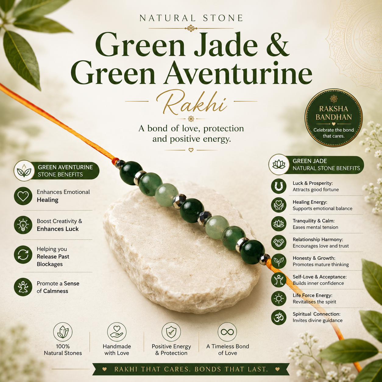 Green Jade & Green Aventurine Natural Stone Rakhi