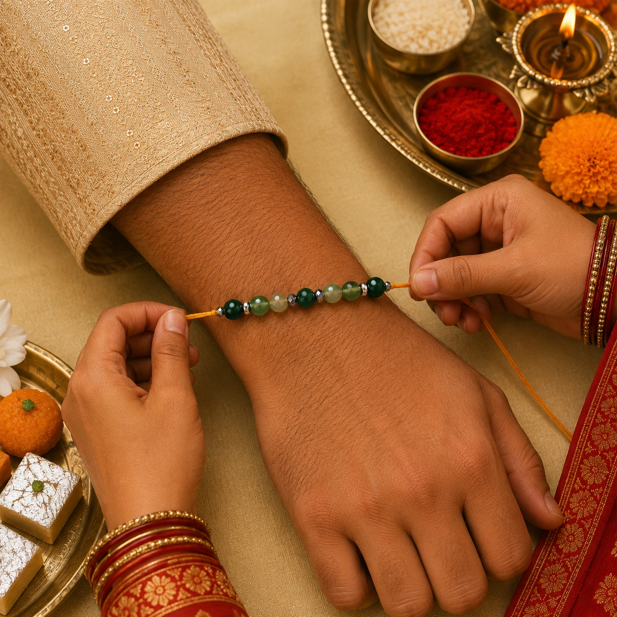 Green Jade & Green Aventurine Natural Stone Rakhi