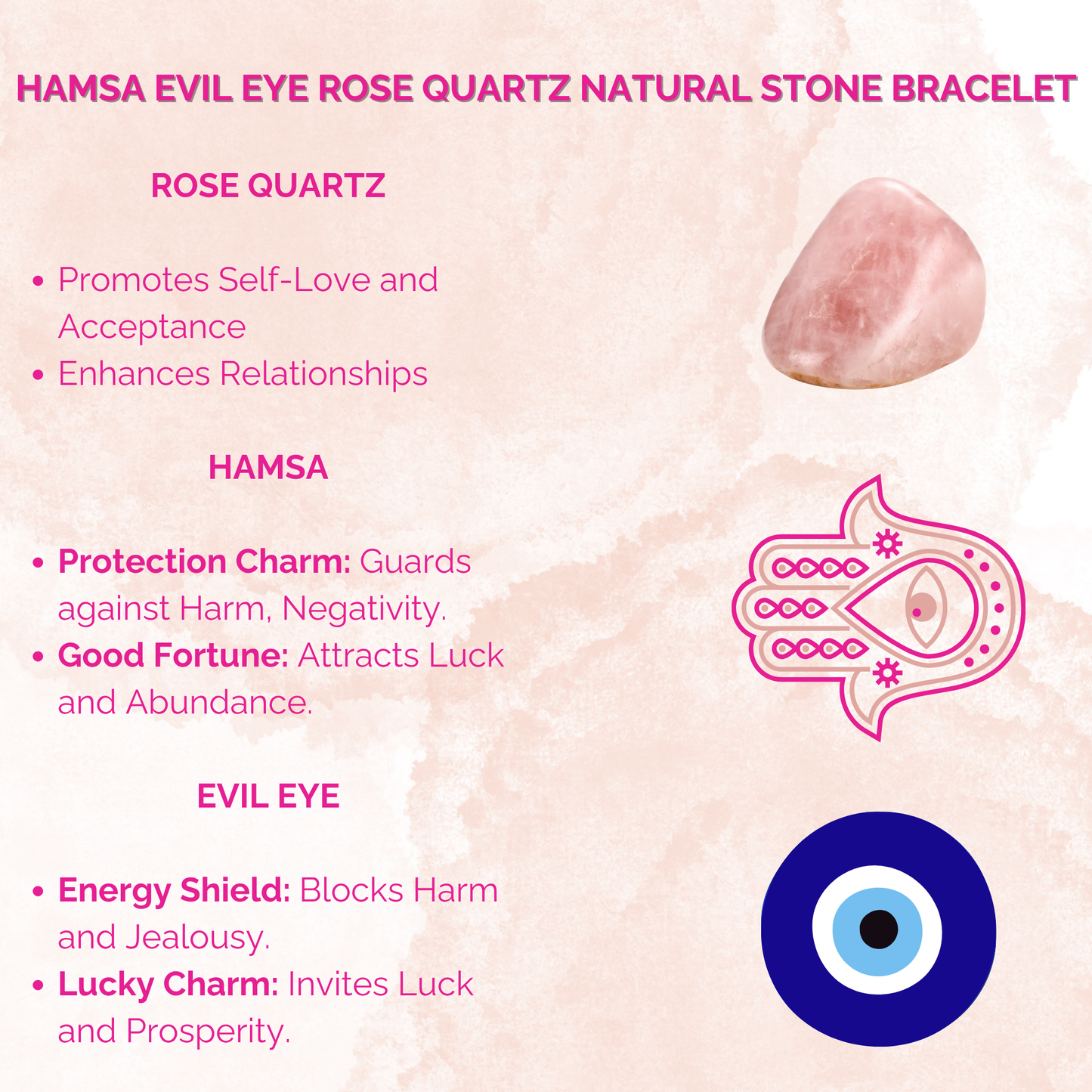 Hamsa Evil Eye Rose Quartz Natural Stone Bracelet