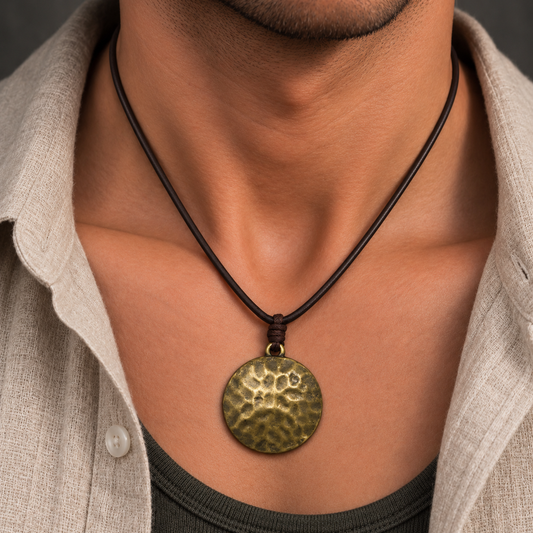 Hammered Pendant Leather Necklace for Men