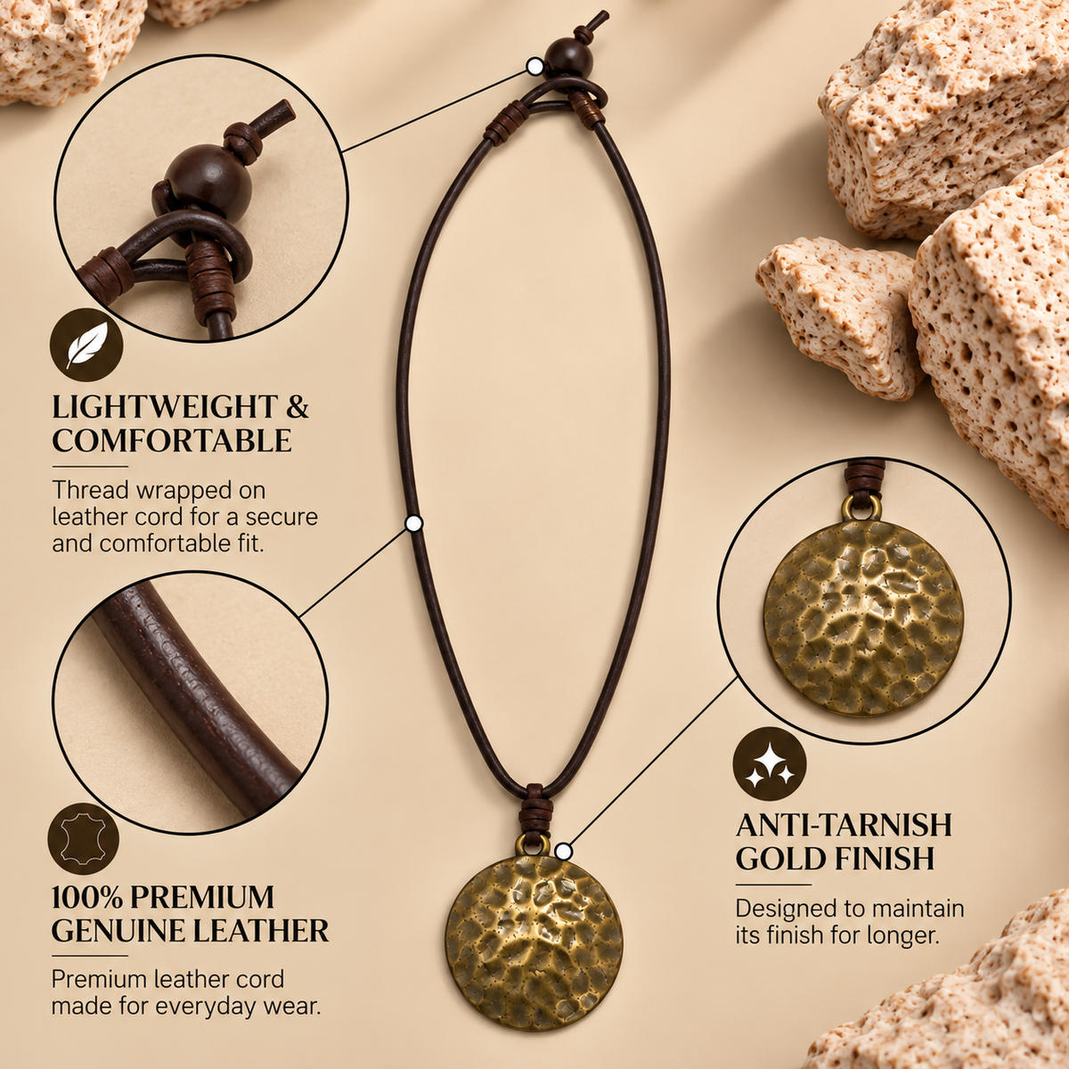 Hammered Pendant Leather Necklace for Men