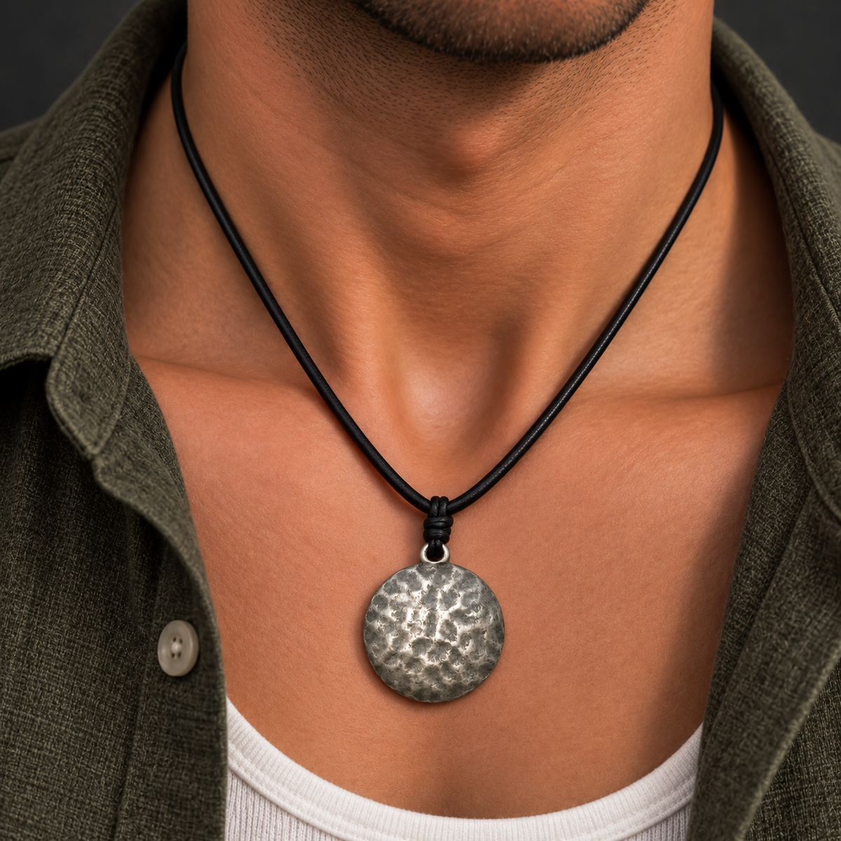 Hammered Pendant Leather Necklace for Men