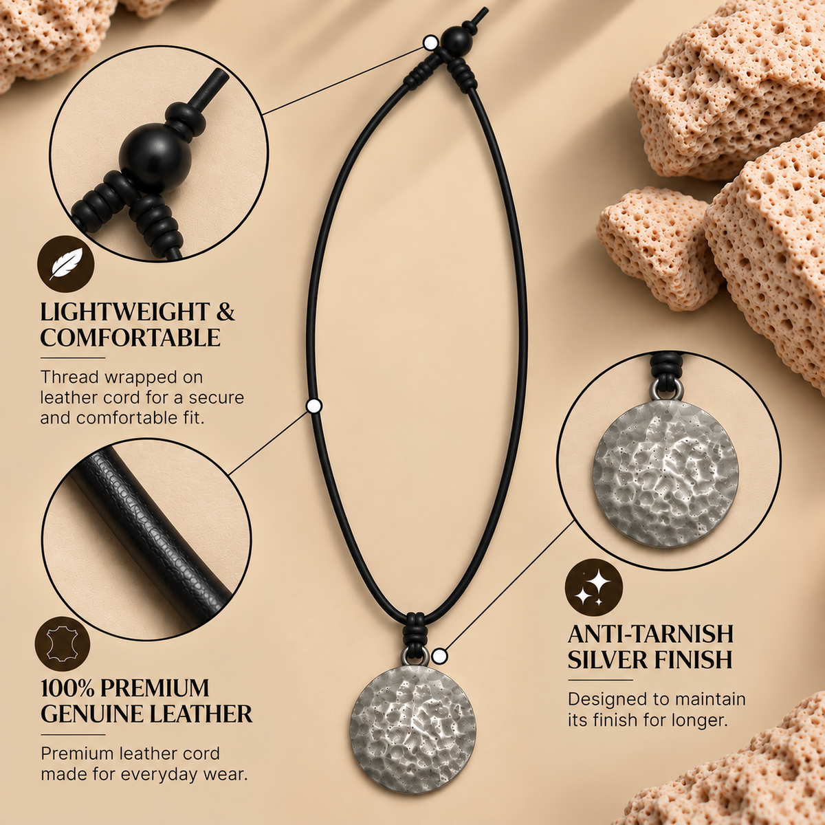 Hammered Pendant Leather Necklace for Men