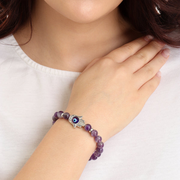 Hamsa Evil Eye Amethyst Natural Stone Bracelet