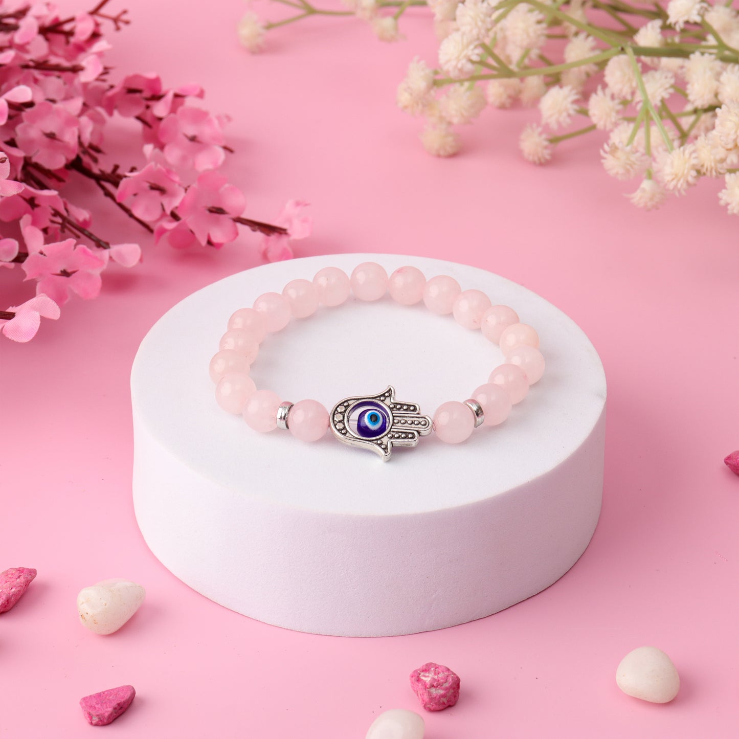 Hamsa Evil Eye Rose Quartz Natural Stone Bracelet