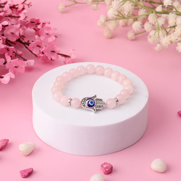 Hamsa Evil Eye Rose Quartz Natural Stone Bracelet