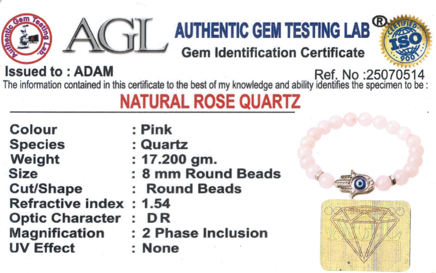 Hamsa Evil Eye Rose Quartz Natural Stone Bracelet