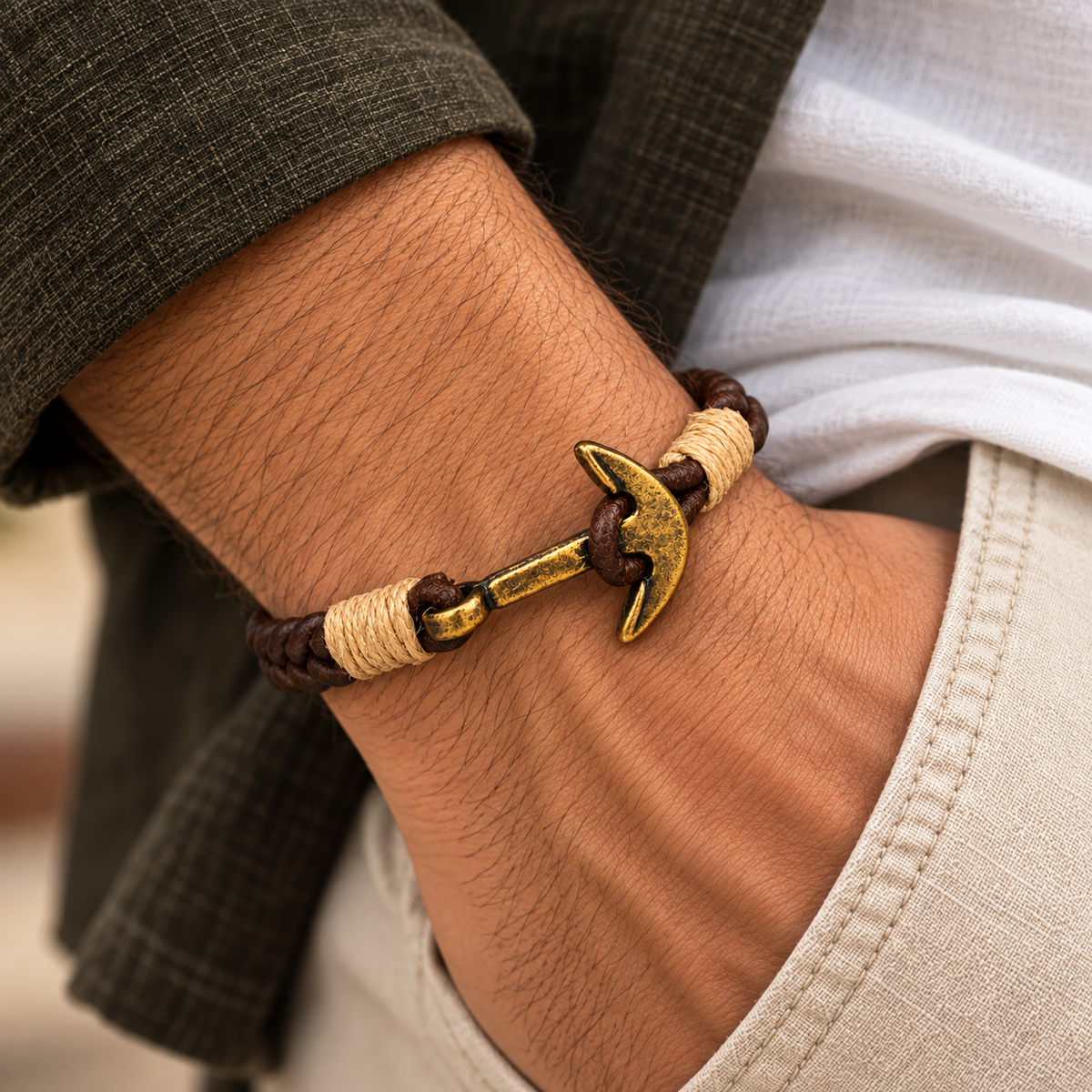 Handcrafted Anchor Leather Bracelet for Men
