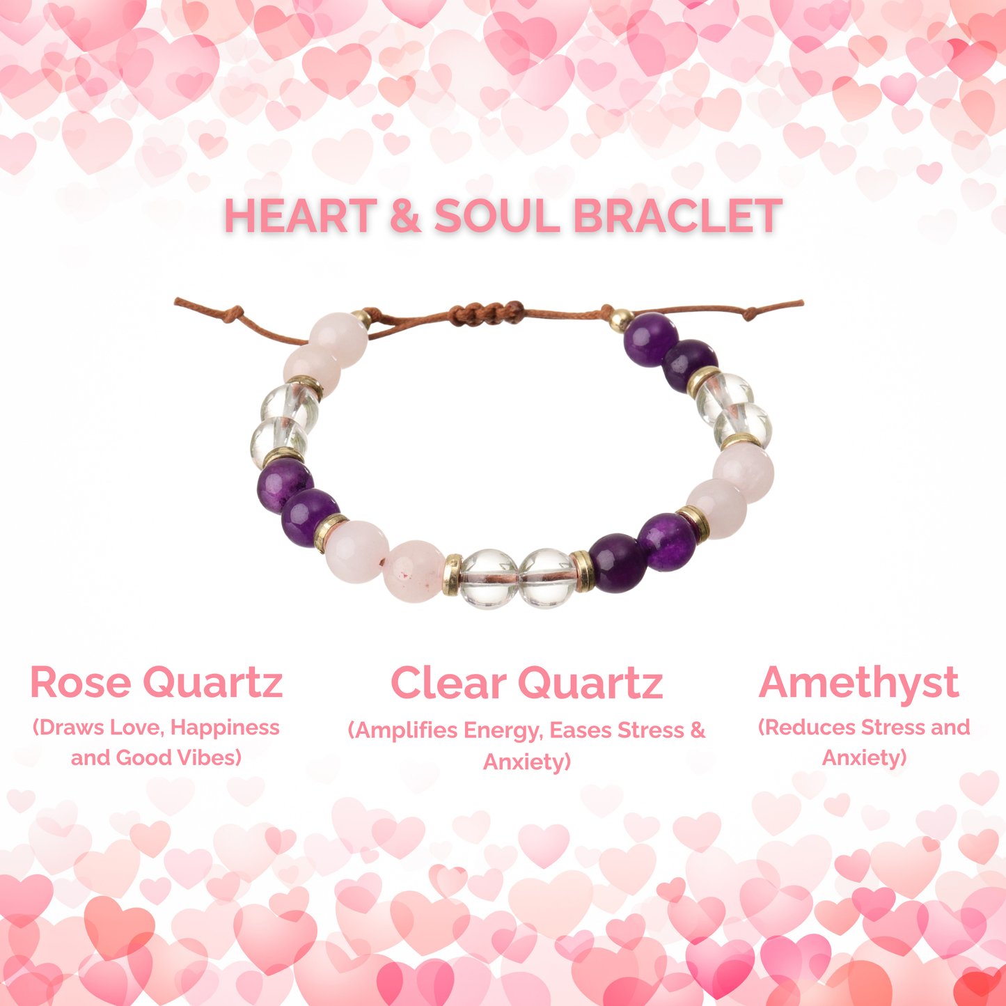 Heart & Soul Bracelet - Amethyst, Clear Quartz & Rose Quartz Natural Stone