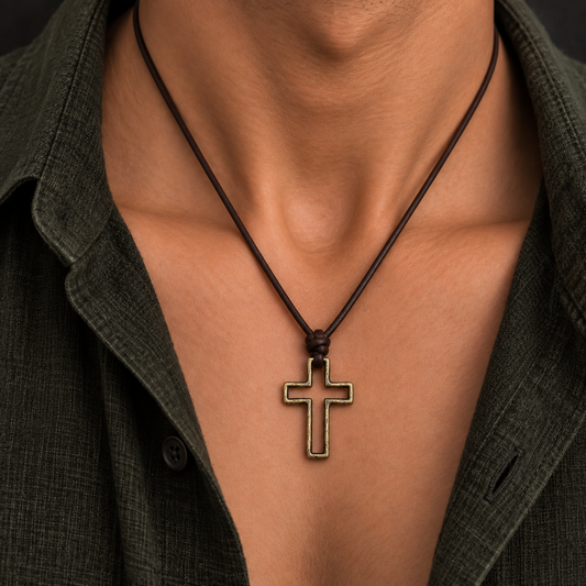 Hollow Cross Pendant Leather Necklace for Men