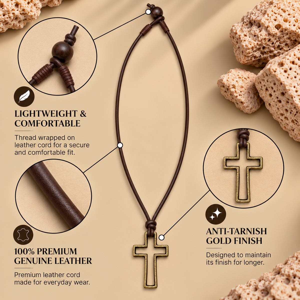 Hollow Cross Pendant Leather Necklace for Men