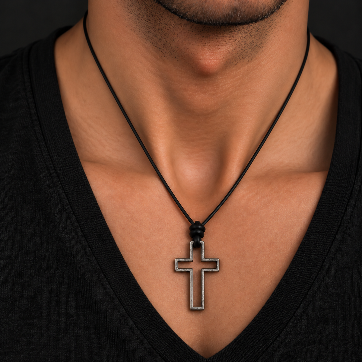 Hollow Cross Pendant Leather Necklace for Men