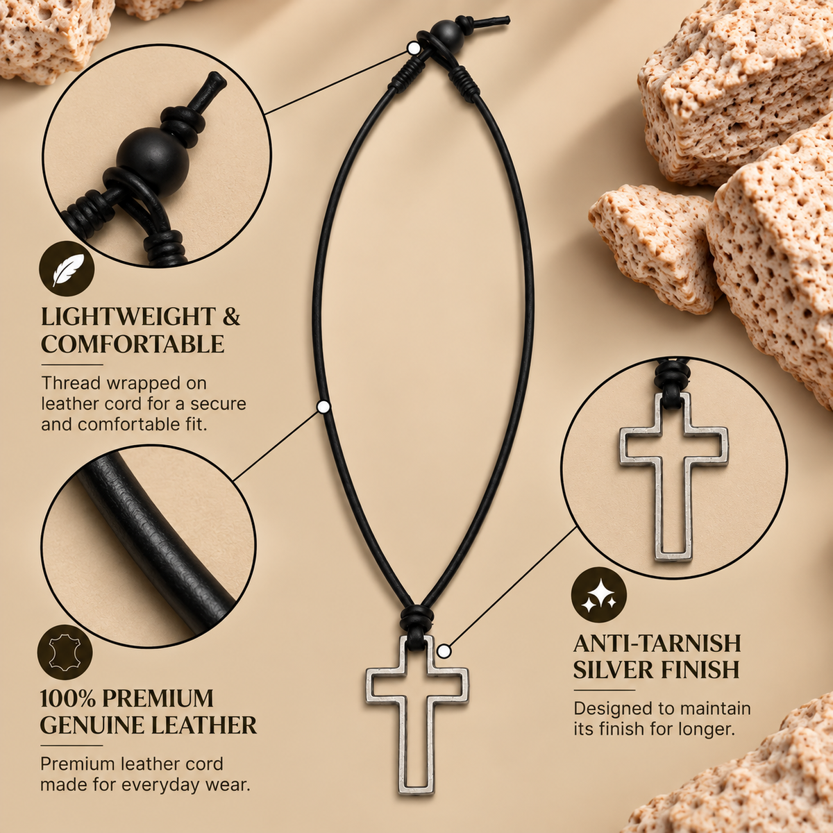 Hollow Cross Pendant Leather Necklace for Men