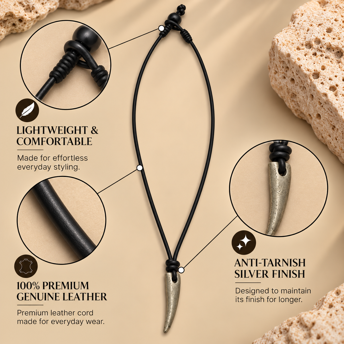 Horn Pendant Leather Necklace for Men