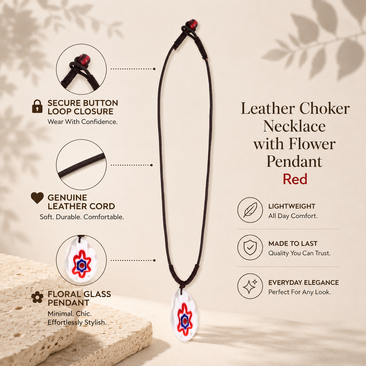 Leather Choker Necklace with Flower Pendant