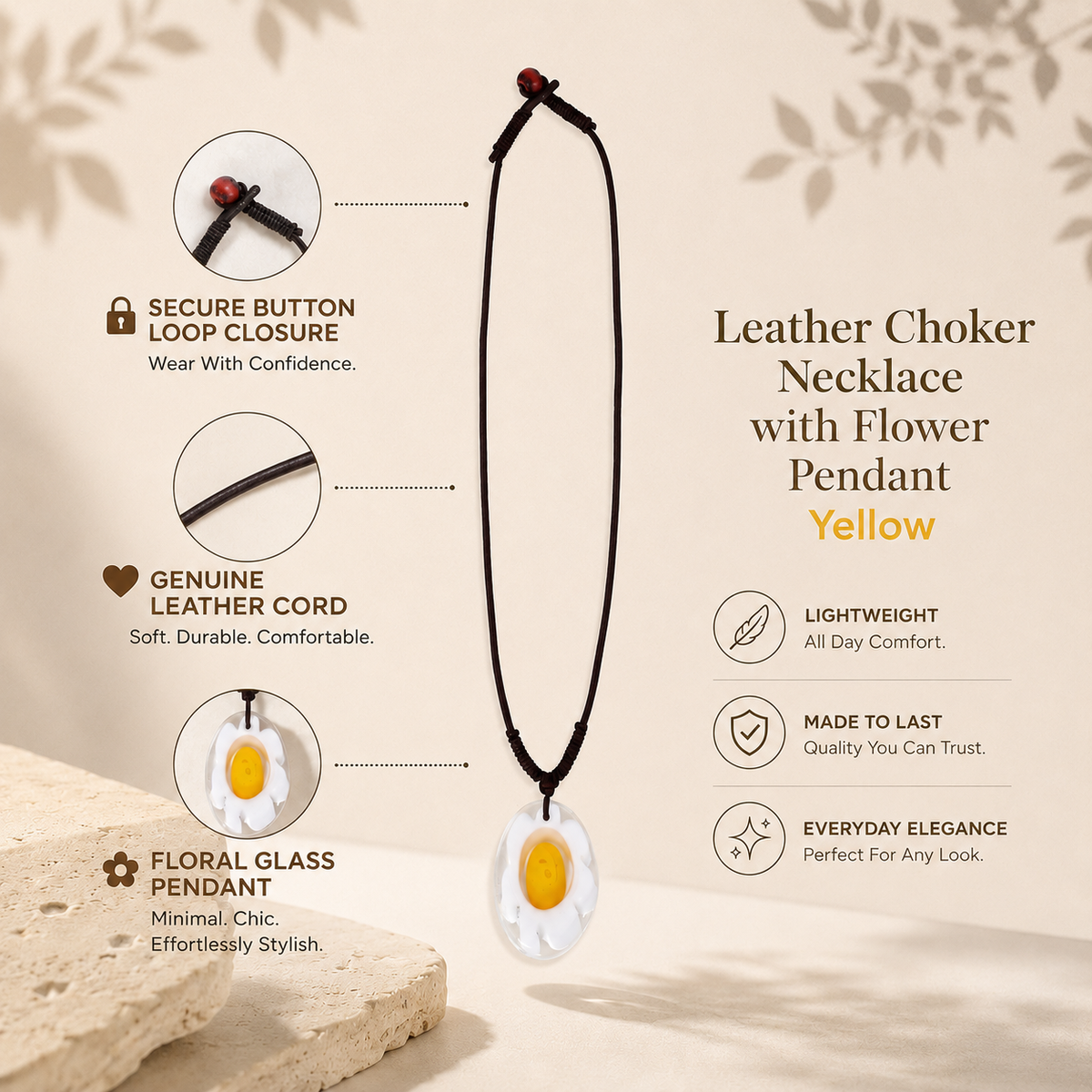 Leather Choker Necklace with Flower Pendant