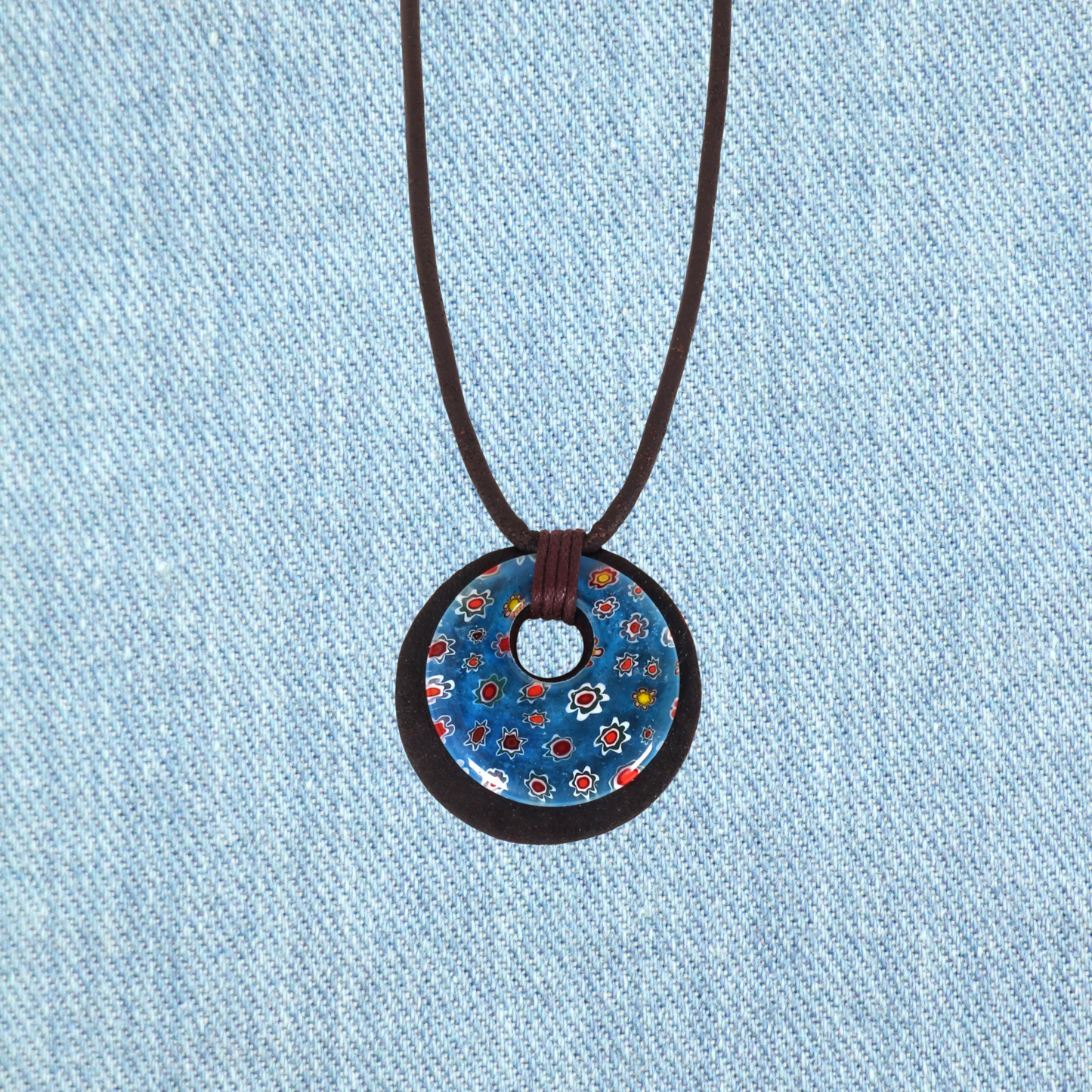 Leather Choker Necklace with Round Floral Pendant