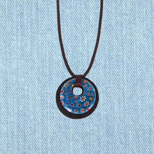 Leather Choker Necklace with Round Floral Pendant
