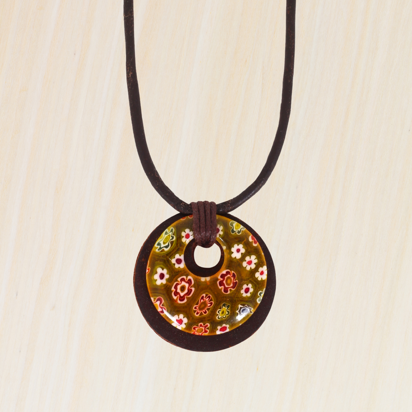 Leather Choker Necklace with Round Floral Pendant