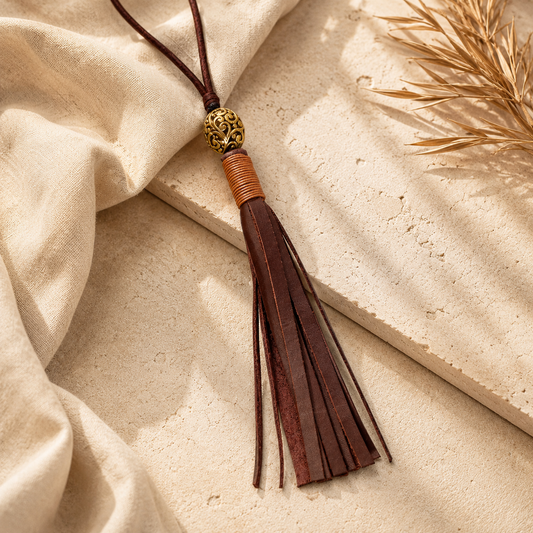 Leather Tassel Necklace with Gold Bead