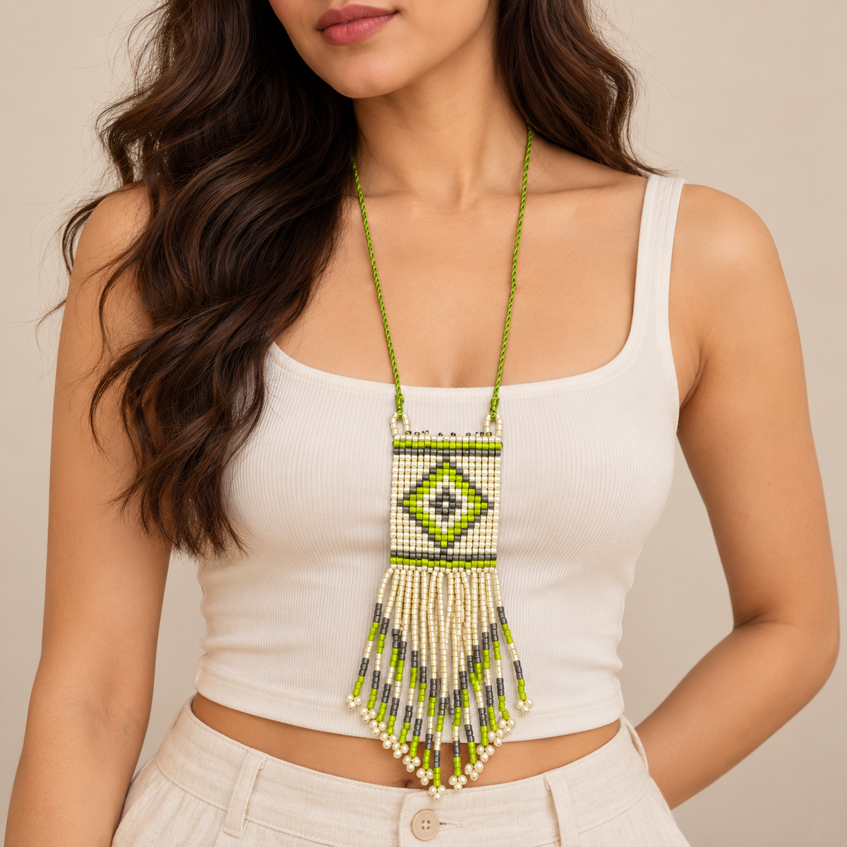 Long Beaded Fringe Necklace for Women