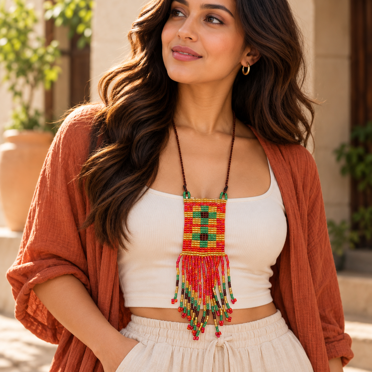 Long Beaded Fringe Necklace for Women