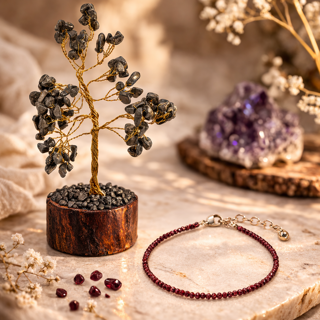 Money Magnet Pyrite Tree & Garnet Anklet – Wealth & Strength Combo